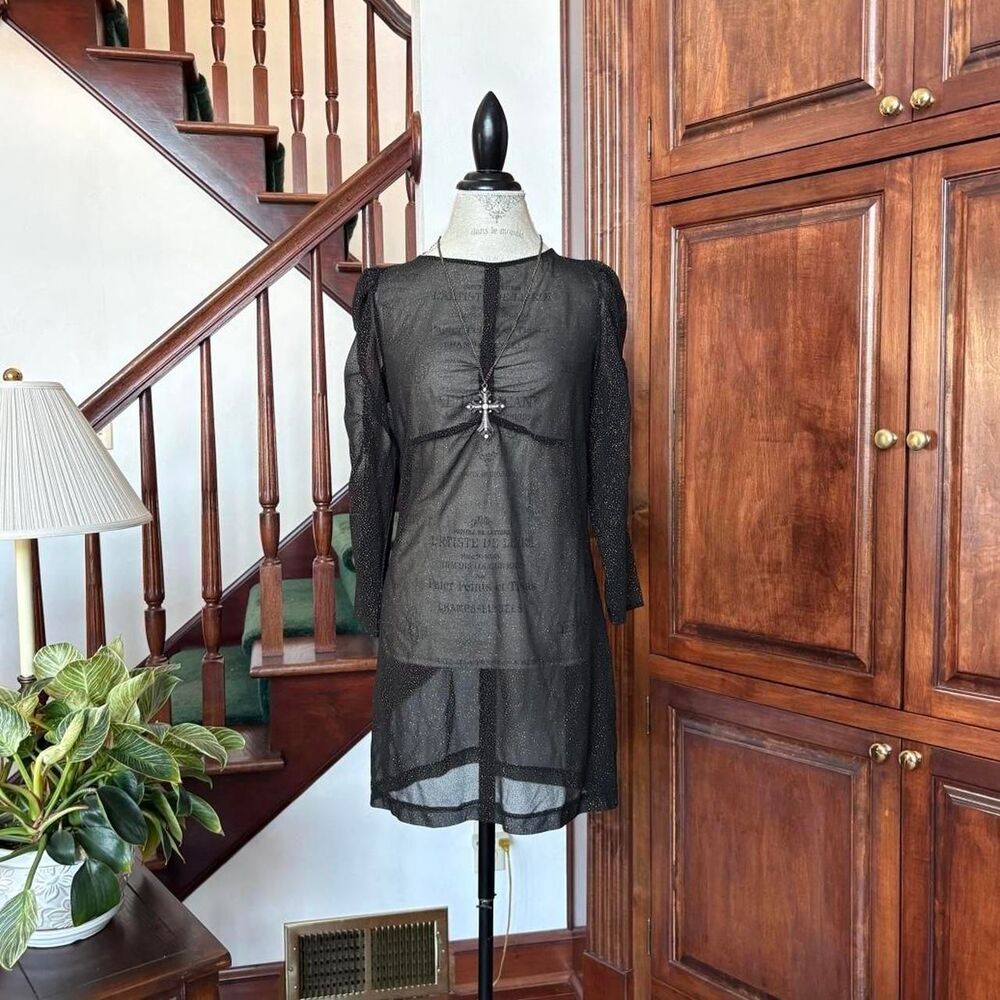 MNG by Mango Sheer Chic Black and Gold Dress Long Sleeve Mini NWT